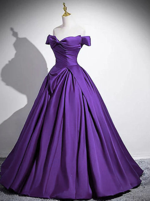 Purple Satin Off Shoulder Sweetheart Floor Length Prom Dress, Purple Satin Evening Dress