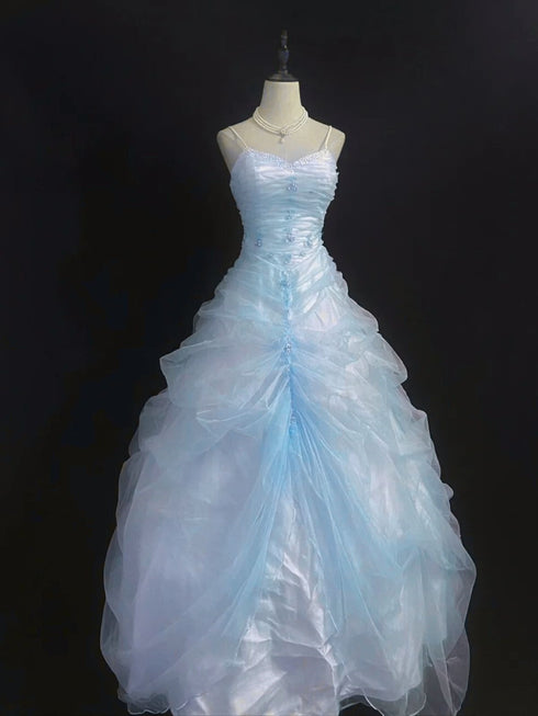 Light Blue Sweetheart Straps Beaded Long Prom Dress, Light Blue Floor Length Evening Dress