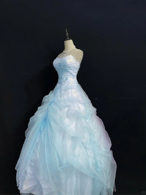 Light Blue Sweetheart Straps Beaded Long Prom Dress, Light Blue Floor Length Evening Dress