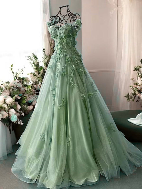 Light Green Tulle Off Shoulder Floor Length Prom Dress, Light Green A-line Prom Dress
