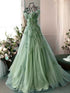 Light Green Tulle Off Shoulder Floor Length Prom Dress, Light Green A-line Prom Dress