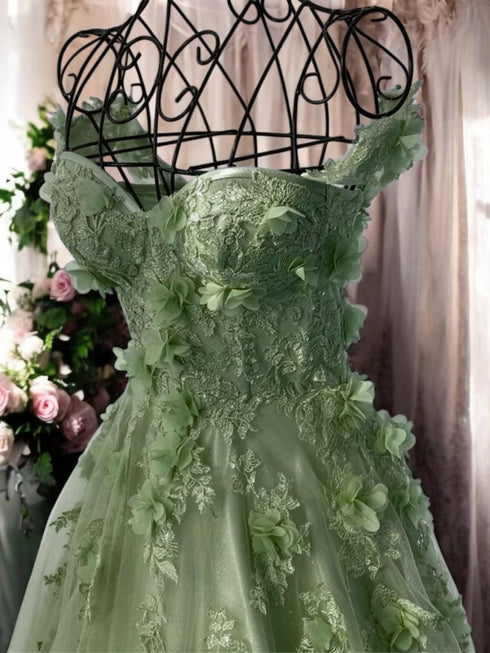 Light Green Tulle Off Shoulder Floor Length Prom Dress, Light Green A-line Prom Dress