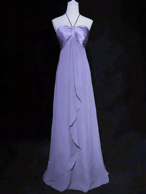 Purple Chiffon And Satin Halter Long Party Dress, A-Line Purple Floor Length Prom Dress