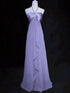 Purple Chiffon And Satin Halter Long Party Dress, A-Line Purple Floor Length Prom Dress