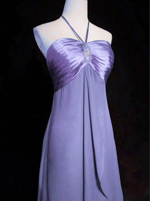 Purple Chiffon And Satin Halter Long Party Dress, A-Line Purple Floor Length Prom Dress