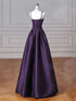 Purple A-line Satin Sweetheart Simple Floor Length Prom Dress, Purple Long Evening Dress