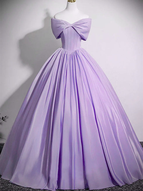 A-line Light Purple Off Shoulder Floor Length Party Dress, Light Purple Satin Long Prom Dress