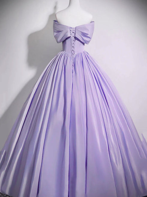 A-line Light Purple Off Shoulder Floor Length Party Dress, Light Purple Satin Long Prom Dress