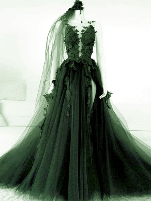 Green Tulle A-line Long Party Dress with Lace Applique, Green Tulle Evening Dress Prom Dress