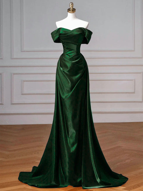 A-line Green Satin Off Shoulder Sweetheart Prom Dress, Green Evening Dress Party Dress