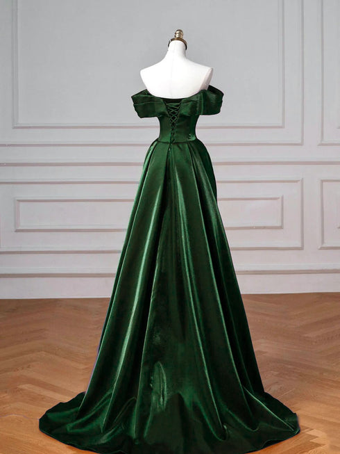A-line Green Satin Off Shoulder Sweetheart Prom Dress, Green Evening Dress Party Dress