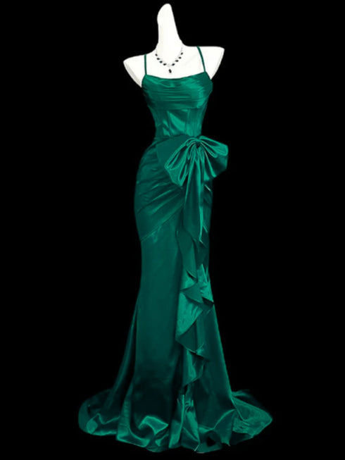 Green Mermaid Straps Lace-up Long Formal Dress, Green Satin Evening Dress Prom Dress