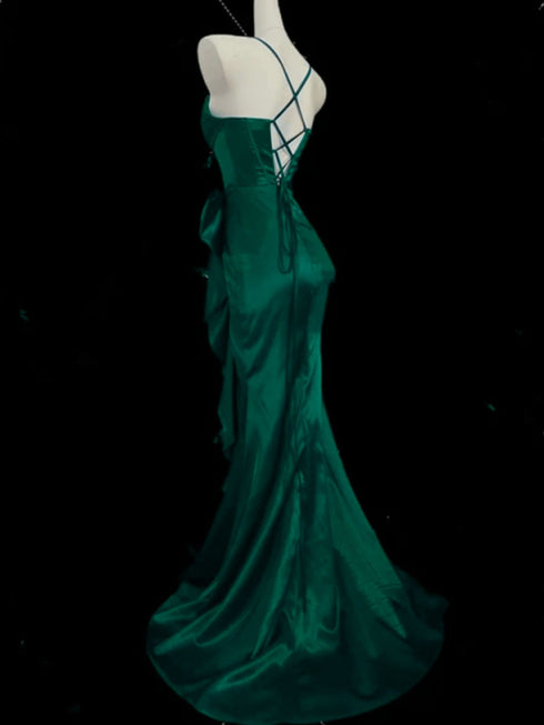 Green Mermaid Straps Lace-up Long Formal Dress, Green Satin Evening Dress Prom Dress