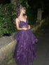A-line Purple Tulle with Lace Applique Straps Evening Dress, Purple Tulle Long Prom Dress