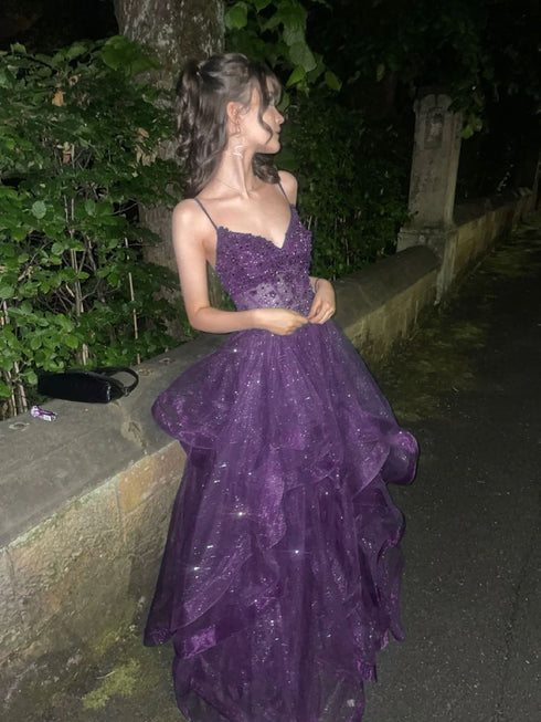 A-line Purple Tulle with Lace Applique Straps Evening Dress, Purple Tulle Long Prom Dress