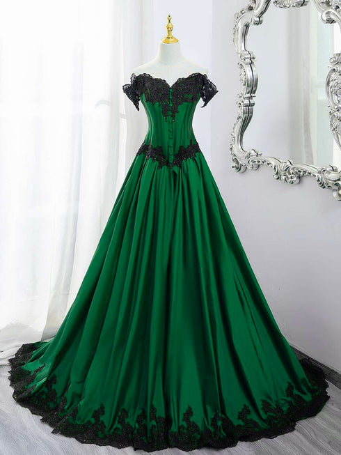 Green Taffeta Sweetheart Lace-up Long Formal Dress, Off Shoulder Prom Dress with Lace