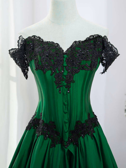 Green Taffeta Sweetheart Lace-up Long Formal Dress, Off Shoulder Prom Dress with Lace