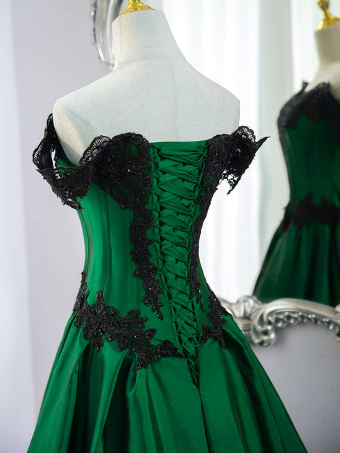 Green Taffeta Sweetheart Lace-up Long Formal Dress, Off Shoulder Prom Dress with Lace