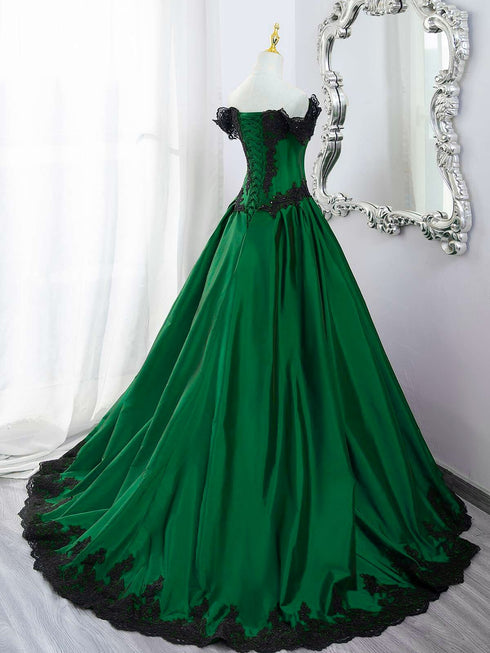 Green Taffeta Sweetheart Lace-up Long Formal Dress, Off Shoulder Prom Dress with Lace