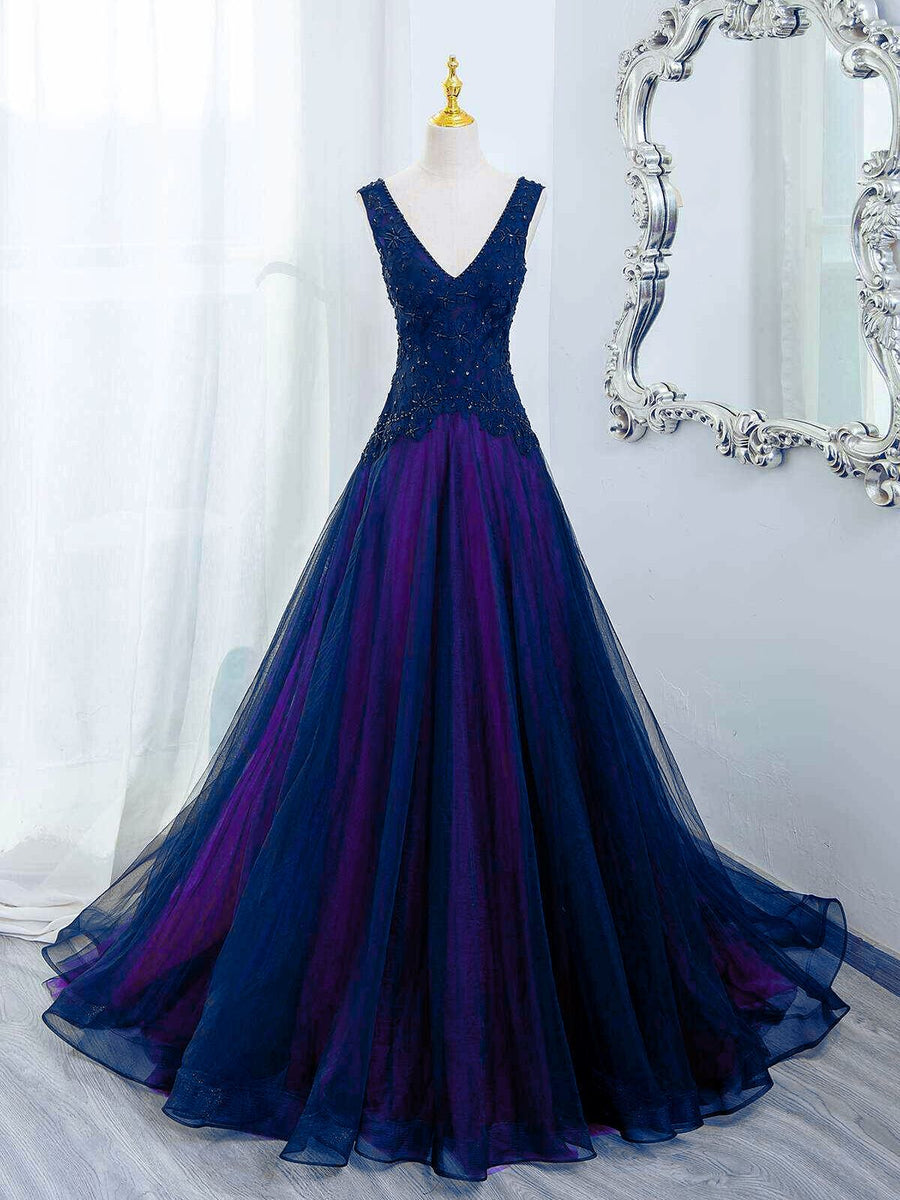 A-line Blue and Purple V-neckline with Lace Applique Party Dress, Blue