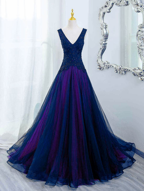 A-line Blue and Purple V-neckline with Lace Applique Party Dress, Blue and Purple Evening Dress