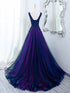 A-line Blue and Purple V-neckline with Lace Applique Party Dress, Blue and Purple Evening Dress