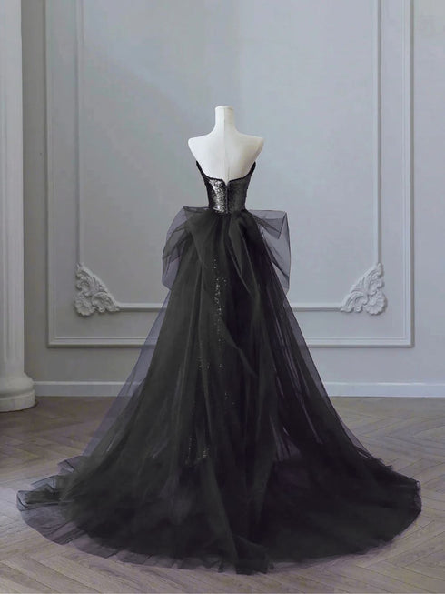 Black A-line Sequins with Tulle Long Formal Dress, Black Sequins Floor Length Prom Dress