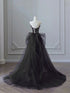Black A-line Sequins with Tulle Long Formal Dress, Black Sequins Floor Length Prom Dress