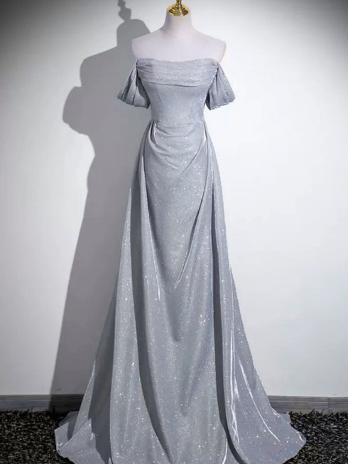Lovely Sliver Grey Off Shoulder Floor Length Party Dress, Sliver Grey A-line Prom Dress