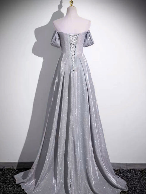 Lovely Sliver Grey Off Shoulder Floor Length Party Dress, Sliver Grey A-line Prom Dress