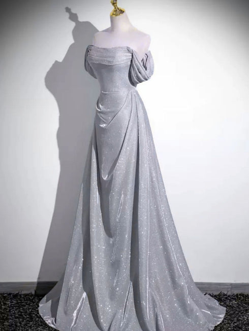 Lovely Sliver Grey Off Shoulder Floor Length Party Dress, Sliver Grey A-line Prom Dress