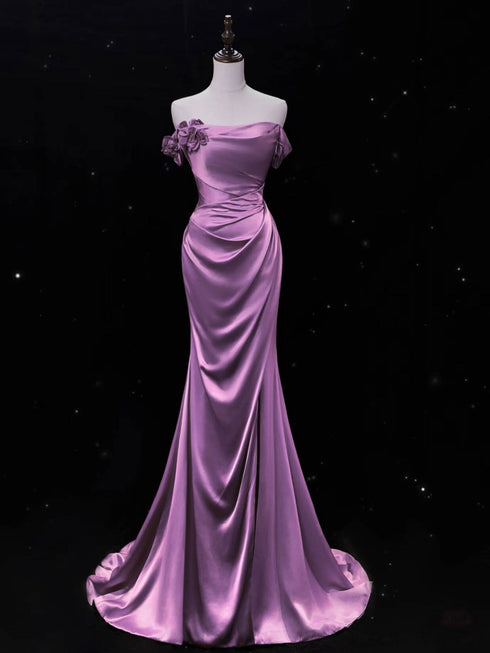 Purple Satin Mermaid Off Shoulder Low Back Party Dress, Purple Satin Long Evening Dress