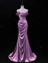 Purple Satin Mermaid Off Shoulder Low Back Party Dress, Purple Satin Long Evening Dress
