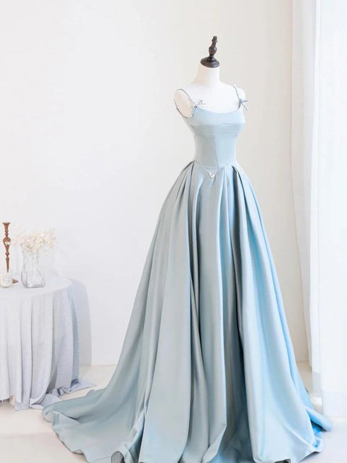 A-line Blue Satin Beaded Straps Long Formal Dress, Blue Satin Lace-up Prom Dress