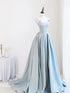 A-line Blue Satin Beaded Straps Long Formal Dress, Blue Satin Lace-up Prom Dress