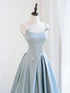 A-line Blue Satin Beaded Straps Long Formal Dress, Blue Satin Lace-up Prom Dress