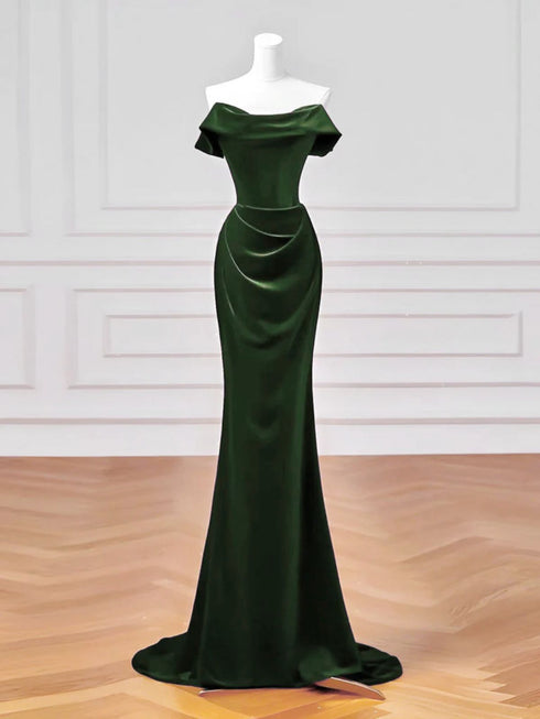 Green Velvet Mermaid Off Shoulder Long Formal Dress, Green Velvet Prom Dress Evening Dress