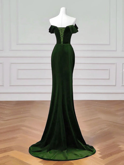 Green Velvet Mermaid Off Shoulder Long Formal Dress, Green Velvet Prom Dress Evening Dress