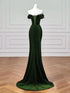 Green Velvet Mermaid Off Shoulder Long Formal Dress, Green Velvet Prom Dress Evening Dress