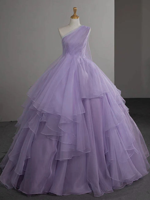 Light Purple Organza One Shoulder Layers Long Formal Dress, Light Purple Floor Length Prom Dress