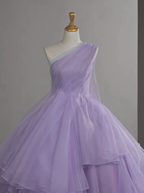 Light Purple Organza One Shoulder Layers Long Formal Dress, Light Purple Floor Length Prom Dress