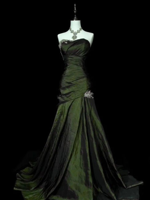 Green Taffeta Sweetheart with Lace Long Formal Dress, Green Taffeta Evening Dress Prom Dress
