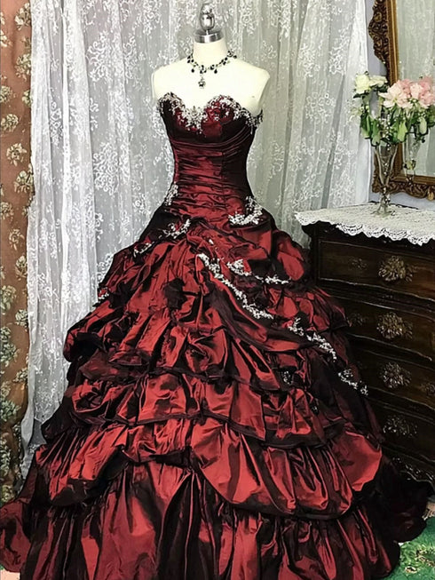 Wine Red Taffeta Sweeetheart Ball Gown Prom Dress, Wine Red Party Dress Evening Dress with Lace