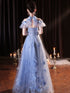 Light Blue Flowers Tulle Party Dress, Halter Blue Tulle Prom Dress Party Dress