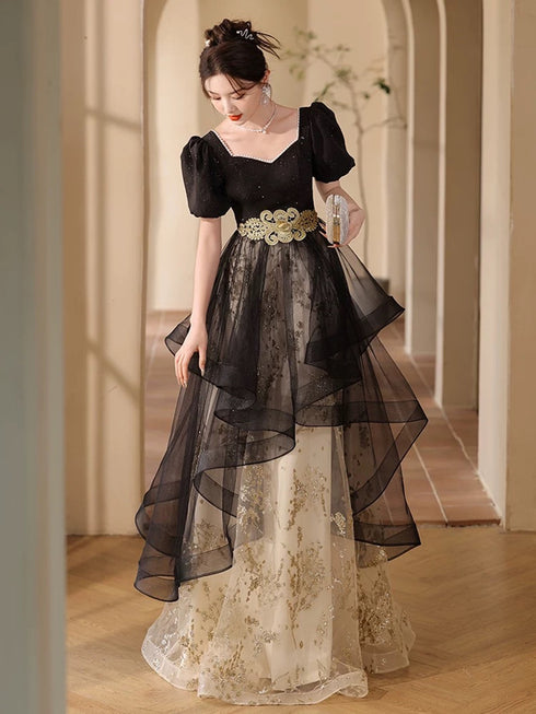 Black A-line Short Sleeves Tulle Long Party Dress, Black Prom Dress Evening Dress