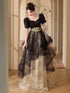 Black A-line Short Sleeves Tulle Long Party Dress, Black Prom Dress Evening Dress