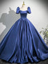 Dark Blue Short Sleeves Satin Lace-up Back Party Dress, Dark Blue Prom Dress
