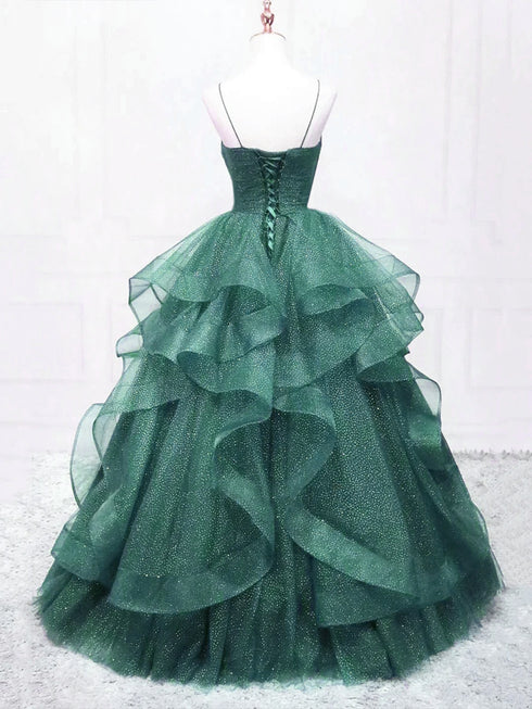 A-line Green Straps Chic V-neckline Party Dress, Green Tulle Prom Dress Evening Dress