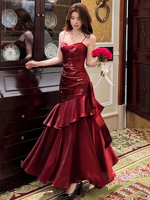 Wine Red Sweetheart Mermaid Straps Satin Party Dress, Wine Red Satin Prom Dress