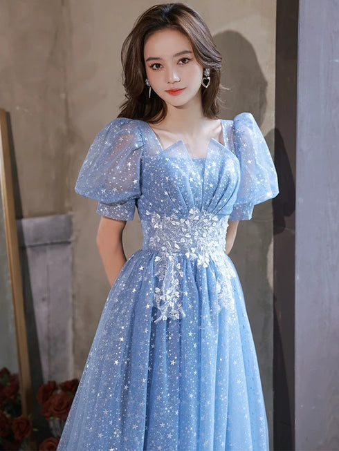 A-line Light Blue Short Sleeves Long Party Dress with Lace Applique, Blue Prom Dress